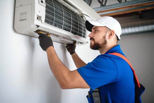 HVAC technician installing a mini split air conditioner in Olivehurst