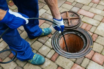 Plumber cleaning an outdoor sewer drain in Olivehurst