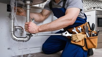 Plumber repairing pipes beneath a sink in Olivehurst