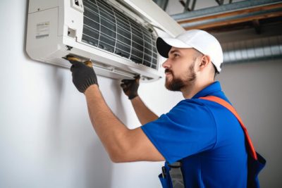 HVAC technician installing a mini split air conditioner in Olivehurst