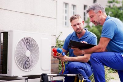 HVAC technicians installing an outdoor air conditioning unit in Olivehurst